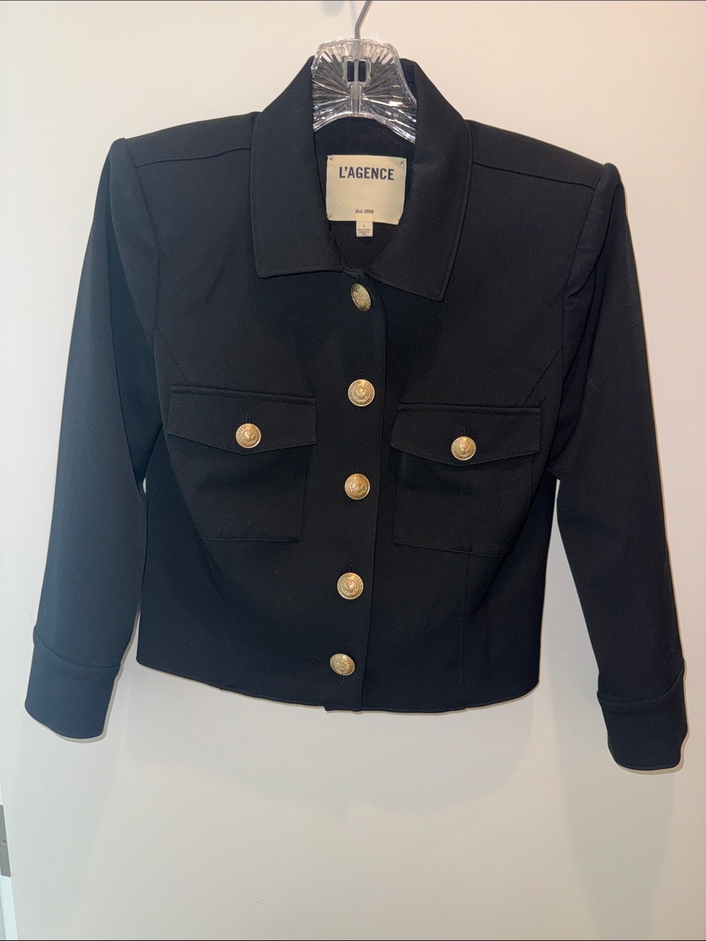 L'AGENCE Black Button-Front Cropped Blazer with Gold Buttons Size2
